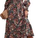 LIGHT DOT Women's Square Neck Casual Floral Dress Long Sleeve Printed Maxi Fall Dress Smocked Flowy (Orange Green,S)