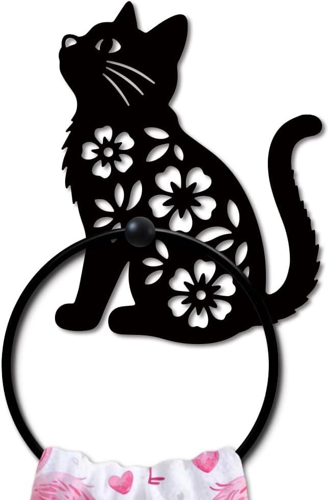 MAYJOYDIY Cat Metal Towel Ring, Cute Kitten Hollow Floral Patterns Black Hand Towel Holder, Animal Pet Hanging Ring Wall Mounted Bathroom Accessories for Bathroom Kitchen Home Decoration Gift