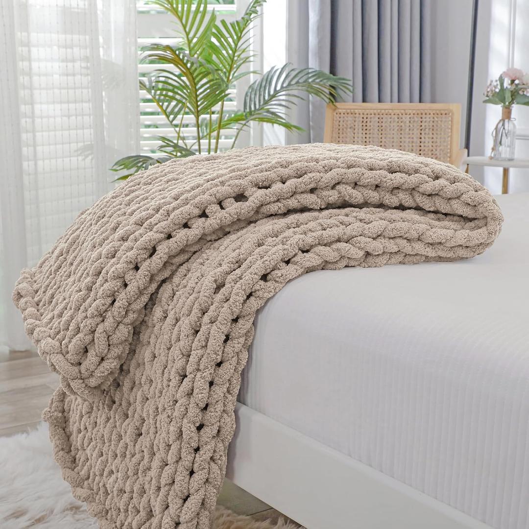 Bigacogo Chunky Knit Throw Blanket for Couch, 40x60 inches, 100% Hand Knitted with Thick Jumbo Chenille Yarn, Cozy Soft Large Rope Knot Cable Crochet Blankets for Sofa Bed Living Room, Taupe