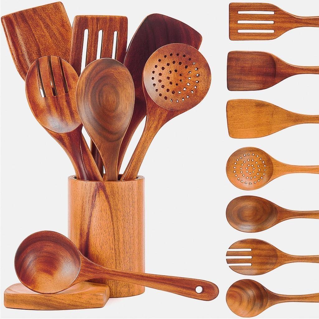 Riveira's 9-Piece Dark Brown Kitchen Essentials Wooden Cooking Utensils Set - Complete Kitchen Utensils Set for Gourmet Results