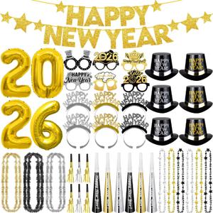 New Years Eve Party Supplies 2026, New Years Decorations, Party Favors Including Ballons, Banner, Top Hats, Headband Tiaras, Horns, Squawkers, Glasses, Leis Necklaces