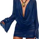 SOLY HUX Women's Summer Sheer Mesh Beach Mini Dress Draped Deep V Neck Bell Sleeve Swimsuit Cover Up Beachwear, S