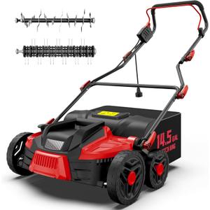 16-Inch 15.5 Amp 2-in-1 Electric Dethatcher and Scarifier, Lawn Dethatcher Rake with 14.5-Gallon Removable Thatch Bag, 5-Position Adiustment, Quick-Fold, Keeps Lawn Healthy - Red