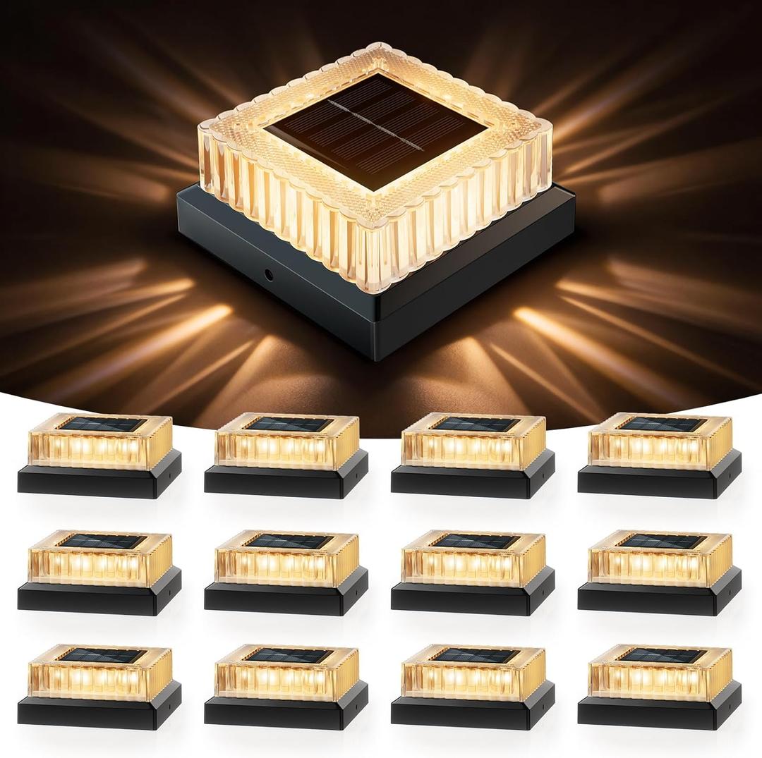 APONUO Solar Post Cap Lights, 12-Pack Fence Post Solar Lights with 20 Lumens 3-Sided Panoramic Glow, IP65 Waterproof Fence, Deck, Patio, Garden Decor, Easy No-Tool Install for 4x4 Posts, Black