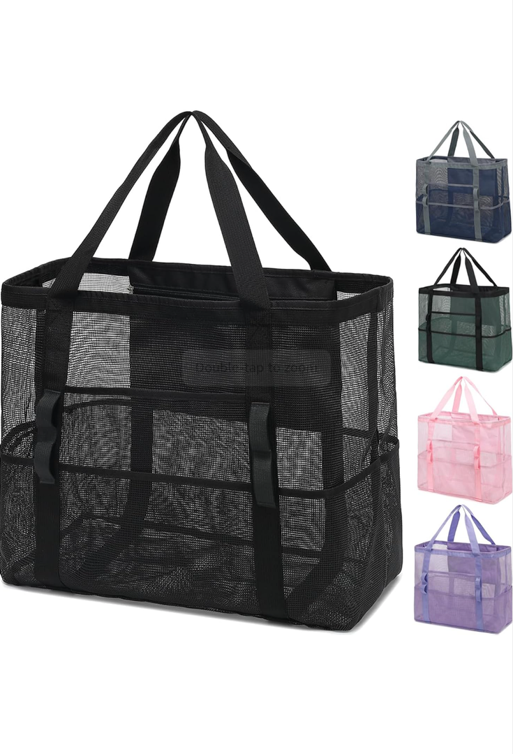 Mesh Beach Bag, Large Beach Tote with Zipper Pocket for Family Pool Bag for Toys & Vacation Essentials