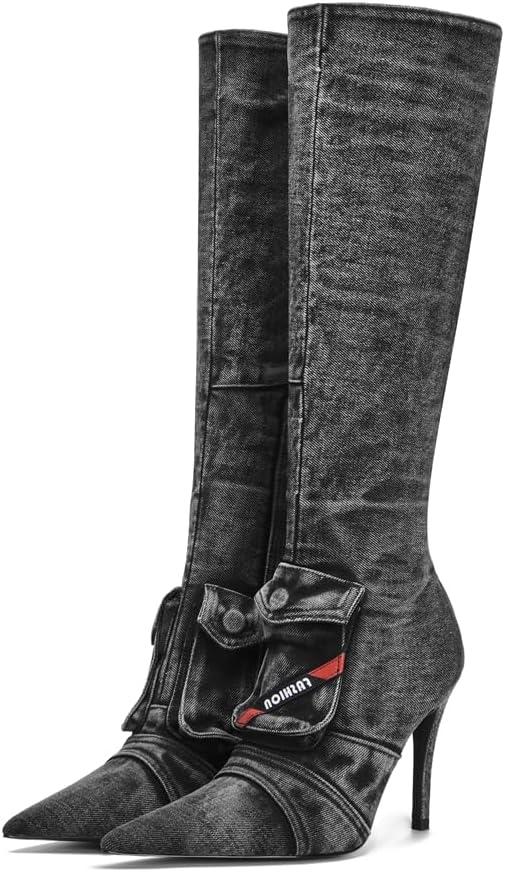 Denim Knee High Boots for Women Pointed Toe Stilettos High Heel Boots Vintage Washed Jeans Back Zipper Casual Fashion Shoes (11, Black)