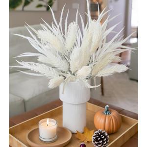 7 PCS Artificial Fall Stem Fake Plants, 26 in Fake Leaves Autumn Greenery Branches White Flowers Faux Foliage DIY Stems for Vase Thanksgiving Home Kitchen Office Indoor Centerpiece Table Decoration