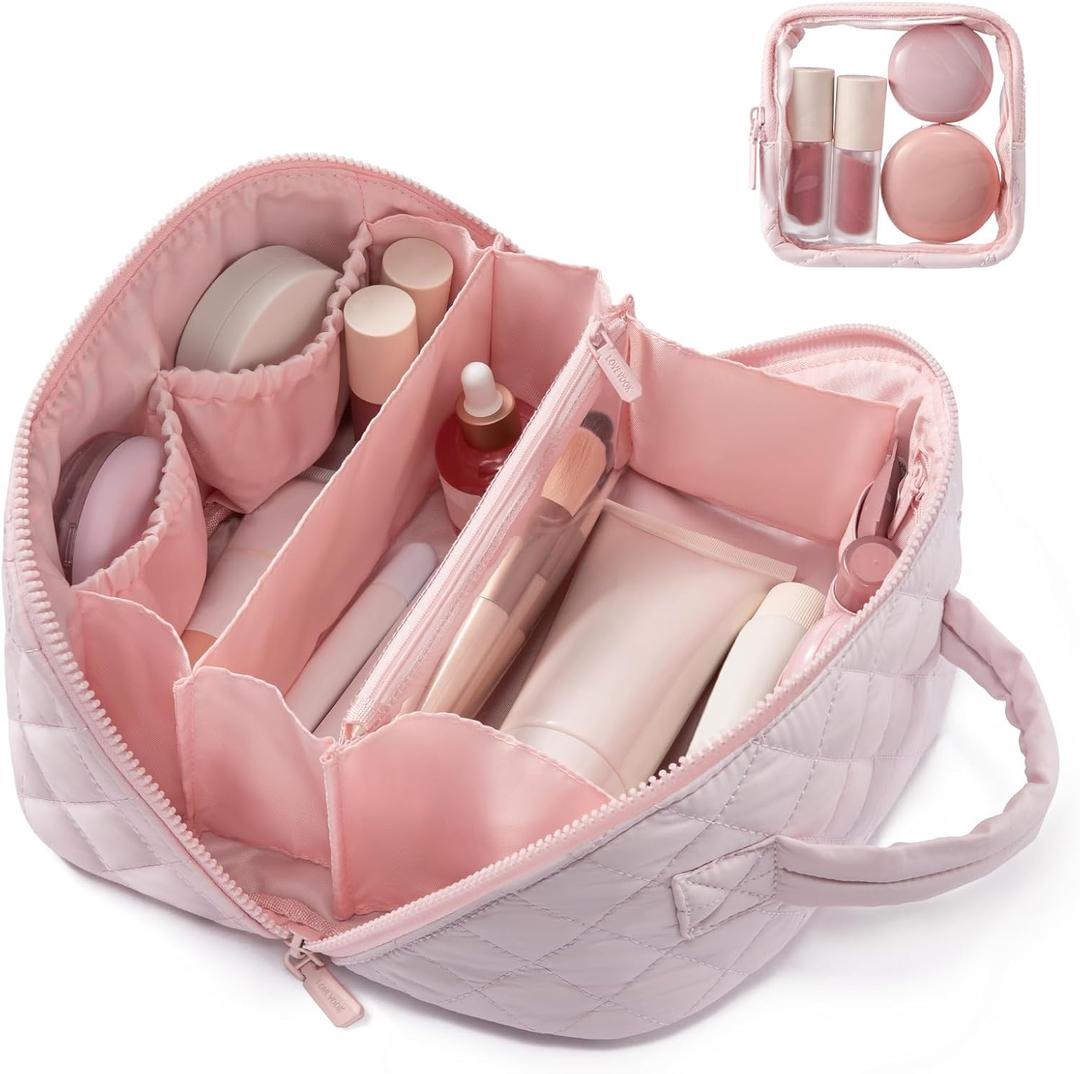 LOVEVOOK Travel Makeup Bag for Women, 2Pcs Puffer Waterproof Cosmetic Organizer, Large Capacity Pouch Open Flat Small Toiletry Bag with Brush Compartment & Handle (Pink, Medium)