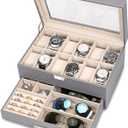 Voova Glass Top Watch Storage Case, Jewelry Organizer, Gray | 2-layer PU leather watch organizer with 12 slots and glass lid for watches, sunglasses, rings and necklaces