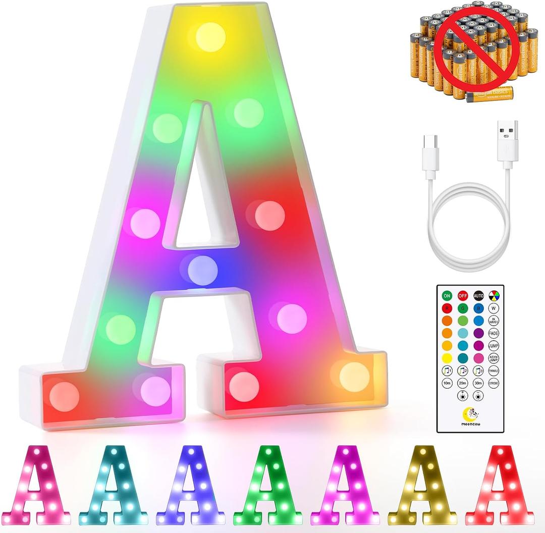 mooncow Rechargeable Light Up Letters,Colorful Marquee Letters with Remote,Gift Wrap Gifts,Bedroom Home Bar Party Decor (A)