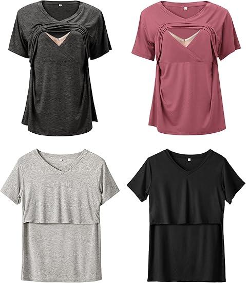 Rnxrbb 4 Pack Nursing Tops for Breastfeeding Summer Short Sleeve T Shirts V Neck Postpartum Clothes (X-Large, Color: Black&flecking Grey&light Gray&deep Pink)
