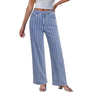 GRAPENT Striped Jeans for Women Trendy High Waisted Wide Leg Dressy Casual Slight Stretch Denim Pants Trouser Jeans (Large, Bay Blue)
