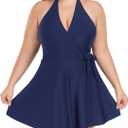 Ocean Blues Women's Plus Size V-Neck One Piece Swimdress Halter Wrap Swimsuit Tummy Control One Piece Skirt Bathing Suit (L)
