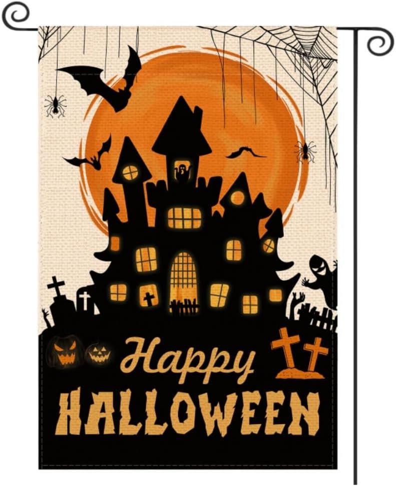 4 x Halloween Garden Flag Halloween Yard Outdoor Decoration 12 x 18 Inch Double Sided Washable Polyester (Bats Castle)