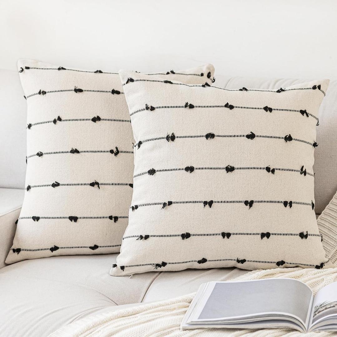 Boho Throw Pillow Covers 18x18 Set of 2 Modern Farmhouse Decorative Cushion Case Tufted Square Pillows Cover Neutral Pillow Cases Accent Pillowcase for Sofa, Couch, Bed, Beige and Black