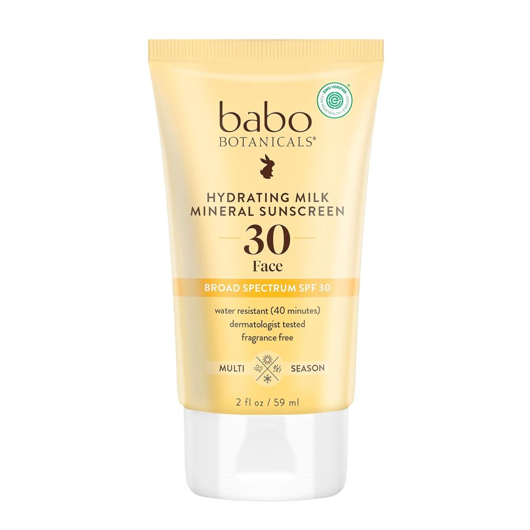 Babo Botanicals Hydrating Milk Mineral Sunscreen SPF 30 with Dewy Finish Lightweight Zinc Oxide Daily Face Sunscreen for Sensitive Skin EWG Verified Broad Spectrum UVA/UVB Protection