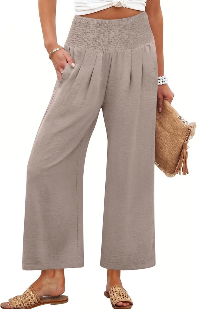 ANRABESS Womens Pants Wide Leg High Waisted Palazzo Pants Summer Flowy Beach Lounge Casual Trousers with Pockets (Beige, S)