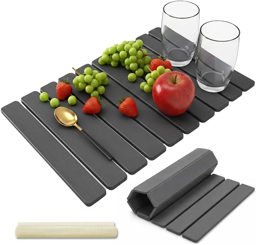 Stone Dish Drying Mat for Kitchen Counter, Large Quick Dry Diatomaceous Earth Stone Drying Mat, Foldable Water Absorbent Dish Drying Mat for Dishes, Cups, Bottles, Kitchen Sink & Countertop (Grey ), 24" x 16"