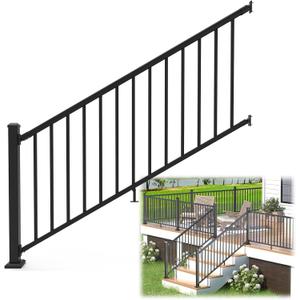 36 in. H x 6 ft. W Porch and Deck Railing Kit, Aluminum Stair Railing Kit, Black Textured Powder-Coat Finish Railing System for Concrete Steps or Wooden Stairs (1 Post, 1 Panel)