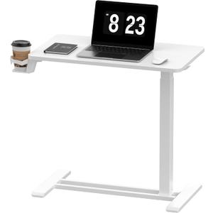 FLEXISPOT H7 Adjustable Overbed Bedside Table with Wheels Pneumatic Mobile Standing Desk Laptop Desk Rolling Computer Cart Movable Overbed Table Hospital Home Use(27.6" W x 15.7" D, White) (Small)