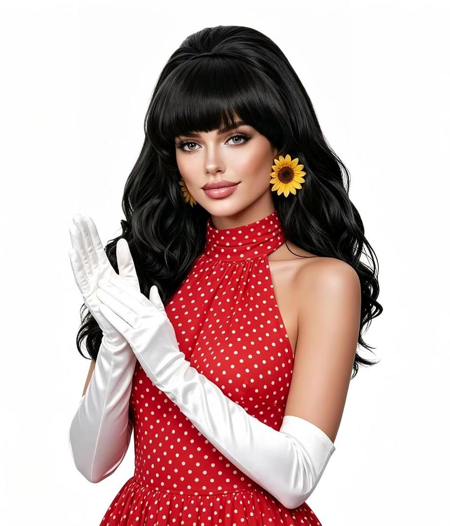 Rugelyss Long Wavy Black Wig with Bang Big Bouffant Beehive Wigs for Women fits 80s Costume or Halloween Party