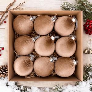 9 Pcs Christmas Tree Ornaments Set, 80mm/3.15in Large Velvet Christmas Balls for Xmas Tree Decorations Shatterproof Hanging Flocked Balls Ornaments Brown