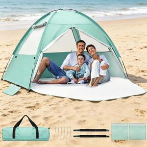 Beach Tent for 3-4 Person, Large Easy Setup Beach Shade Canopy with UPF 50 UV Protection, Portable Shade Tent with 3 Ventilating Mesh Windows for Outdoor, Picnics, Fishing