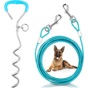 Supet Dog Tie Out Cable and Stake, Heavy Duty Runner with 32/16/10 FT Lead, Long Leash/Tether for Camping Backyard Outdoor Ground, Chain for Medium Large Dogs up to 125lbs (Turquoise)