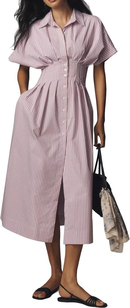 Womens Button Front Pleated Shirt Maxi Dress Short Sleeve Collar Striped Summer Casual Long Swing Blouse Dress (Medium, Purple)