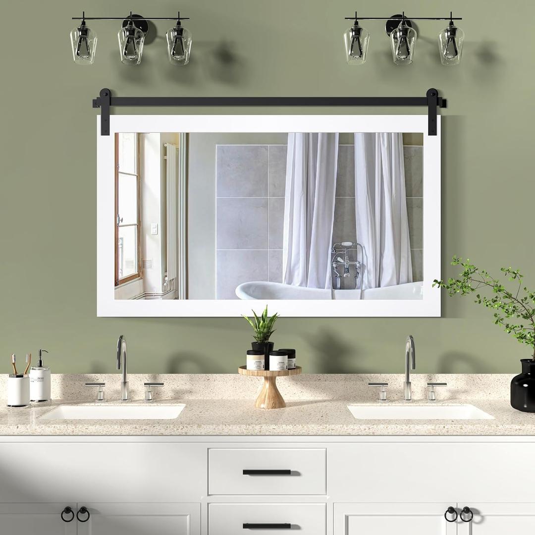 COGOOD Farmhouse Bathroom Mirror - 45 x 30 Rustic Wood Framed Wall Barn Door Mirror for Entryway, Living Room, Entryway Wall Decor (Pure White) (43.3"L x 27.6"W, Pure White)