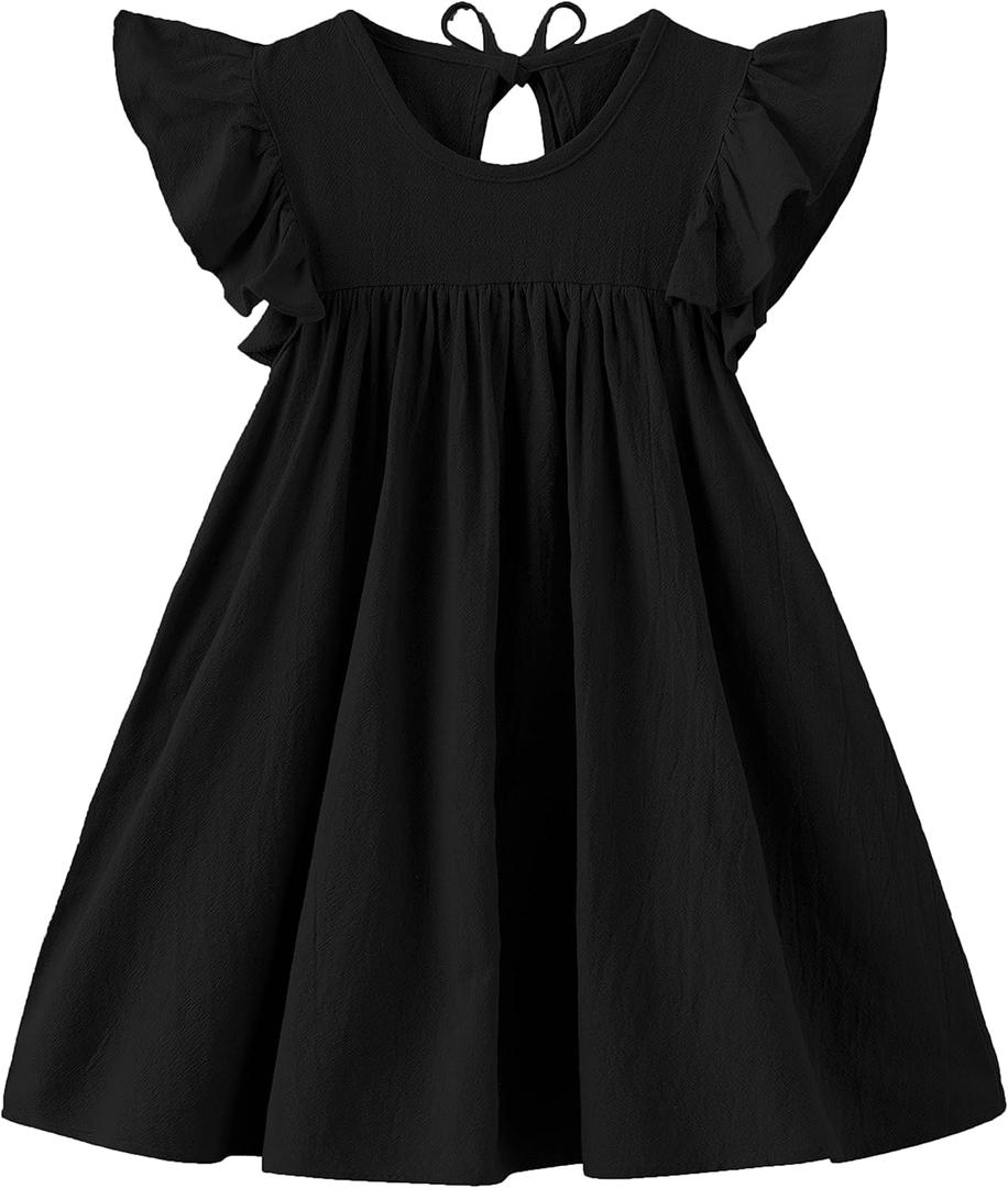 Ncycullo Toddler Girls Ruffle Sleeve Cotton Linen Dress Sleeveless Baby Girl Back Ties Dress Kids Casual Sundress, Black, 2T