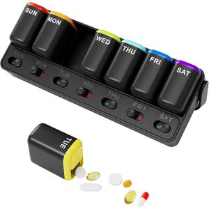 Restree Weekly Pill Organizer 7 Day one time a Day with Reminder, Detachable Travel Pill Case, Large Capacity Medicine Organizer for Vitamins, Supplements & Daily Medications (Black)