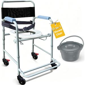 Aliseniors 3-in-1 Shower Chair with Wheels, Portable Bedside Commode & Toilet Safety Rail, Rust-Proof Rolling Commode for Elderly & Disabled, Fits Narrow Bathroom Doors, Waterproof, 250 lbs Capacity
