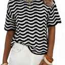 EXLURA Women's Summer Striped Crochet Tops Short Sleeve Knit Boho Top Hollow Out Beach Sweater Lightweight Vacation Shirts (Black White)