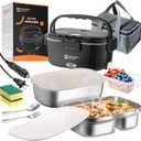 Annie & Mia Design 50-Ounce Electric Lunch Box for Adults, Dual Container Portable Food Warmer Heated Lunch Box, Home/Car/Office/Truck Use, Lonchera Elctrica Porttil (black, 1.5L Dual Container)