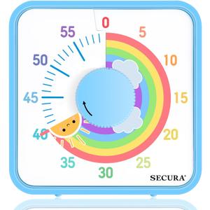 Secura 60-Minute Visual Timer, 7.5 Inch Magnetic Rainbow Countdown Timer for Classroom or Kitchen, Durable Mechanical Timer Clock with Magnetic Backing (Blue & Sun)