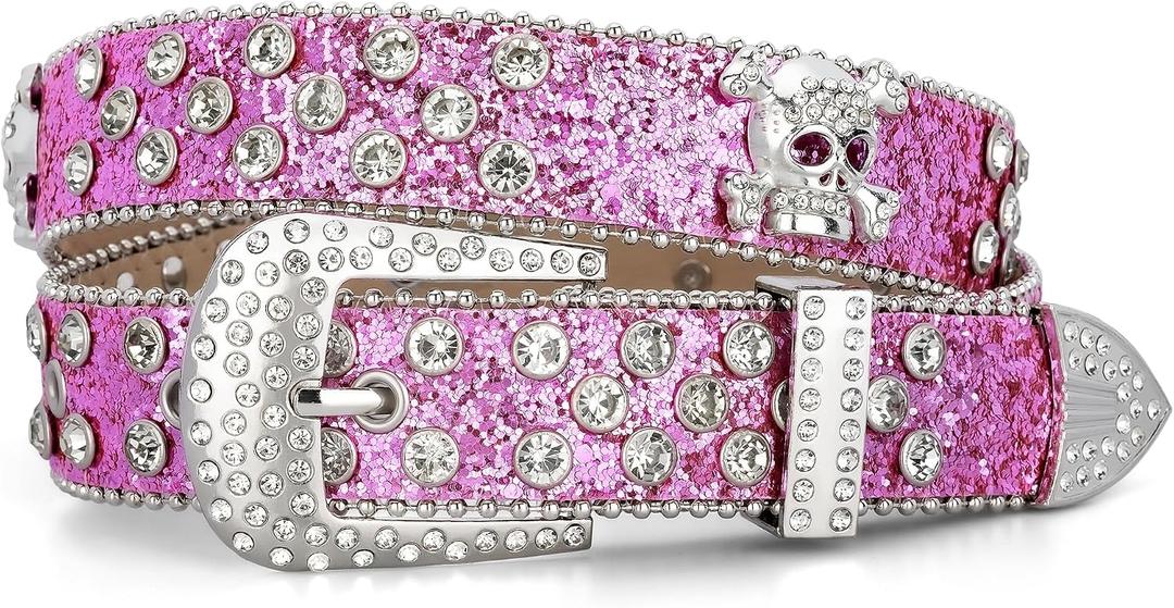 Rhinestone Belts for Women Men, Bling Studded Leather Skull Belt Western Style (Purple, M)