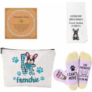 French Bulldog Gifts Set Includes French Bulldog Sock, Makeup Bag, Bracelets, Stickers -Frenchie Gifts for Women (One Size)