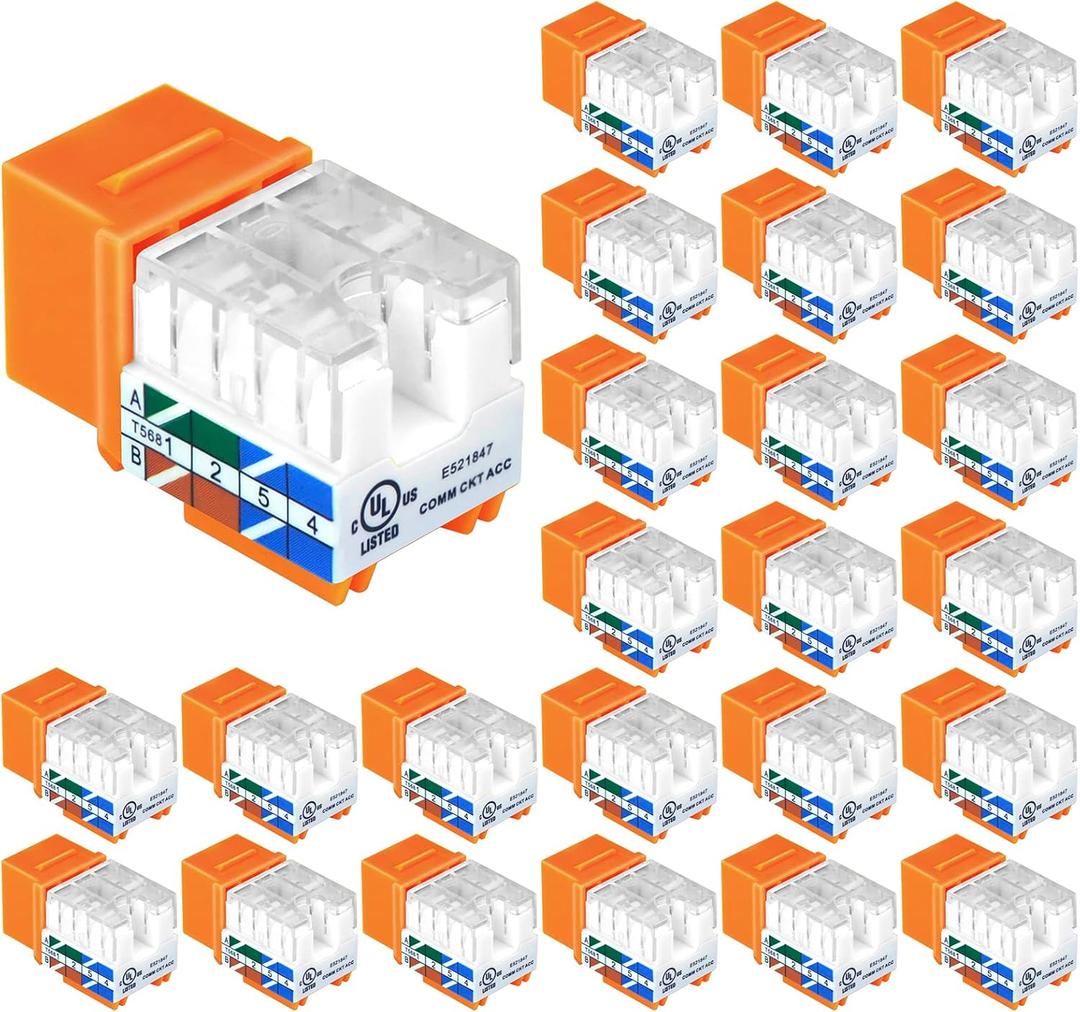 VCE UL Listed Cat6 RJ45 Keystone Jack Insert 25-Pack, 90 Degree Punch Down Keystone Jack Adapter Slim Profile Orange