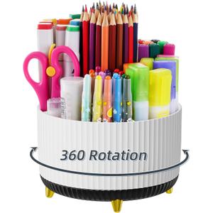 Marbrasse Desk Organizer, 360-Degree Rotating Pen Holder, Desk Organizers and Accessories with 5 Compartments Pencil Holder, Art Supply Storage Box Caddy for Office, Home (White+Black)