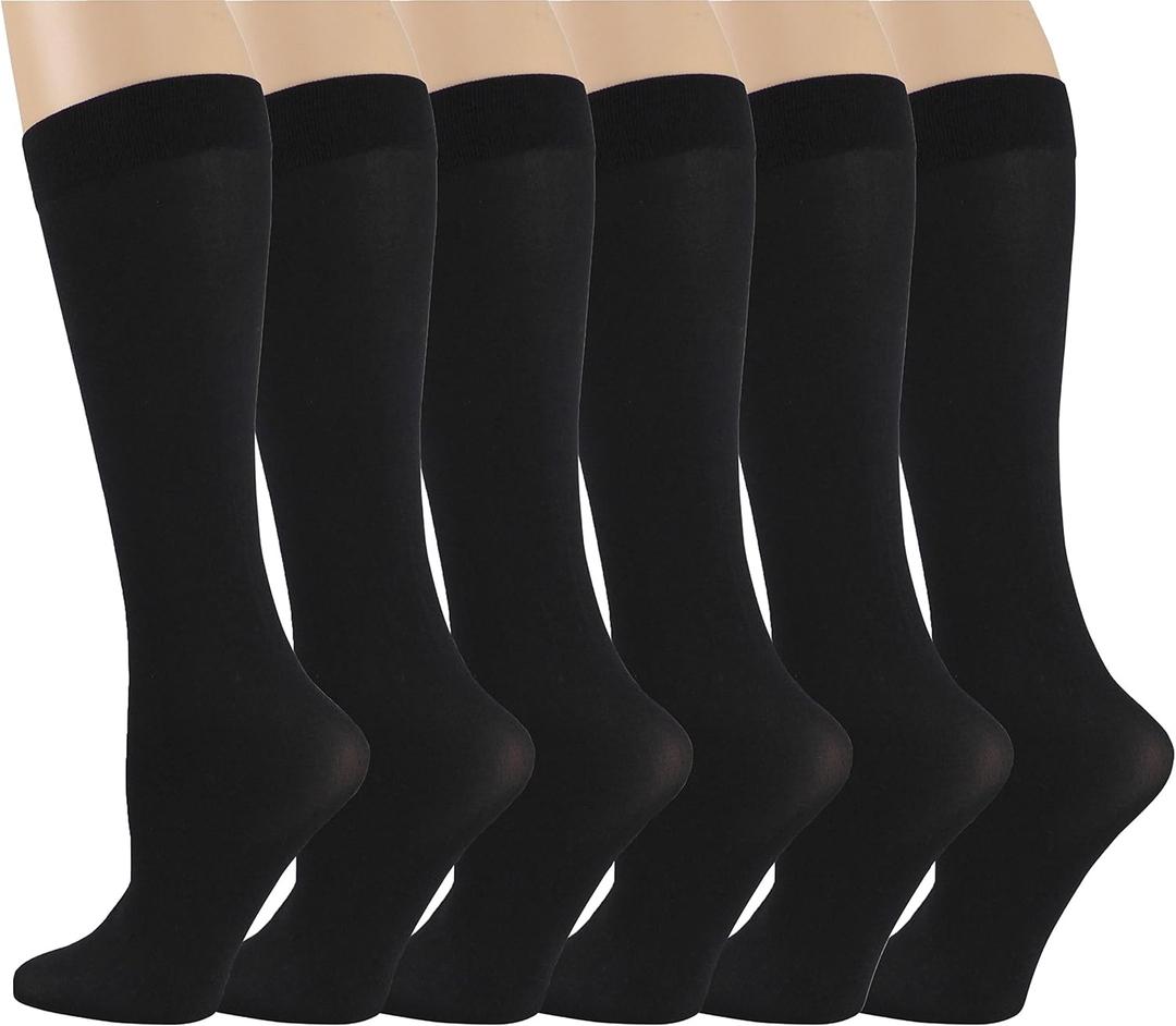 Different Touch 6 Pairs Pack Women Stretchy Spandex Trouser Socks Opaque Knee High (Size 9-11, Black)