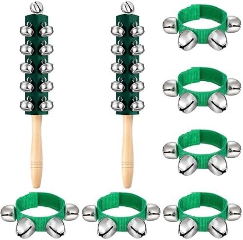 Christmas Hand Jingle Bells Wooden Handle Bells Wrist Band Shaking Bell Stick Musical Percussion Instrument Bell for Xmas Holiday Music Birthday Party Favors