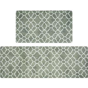 FRESHMINT Kitchen Mat Set of 2, Anti-Fatigue Cushioned Kitchen Mats for Floor, Waterproof Non Slip Comfort Standing Mat, Boho Kitchen Rug for Kitchen Decor, Sink, Office, 17"x30"+17"x47", Sage Green