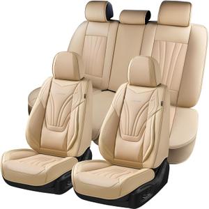 Coverado Car Seat Covers Full Set, 5 Piece Car Seat Protector with Lumbar Support & Removable Headrest, Breathable Leather Front Rear Seat Cushion Universal Fit for Truck Automotive Beige