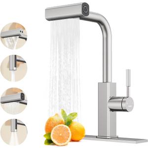 Waterfall Kitchen Faucet with Pull Down Sprayer, Hurran Stainless Steel Kitchen Sink Faucet with 4 Modes(Sweep/Stream/Waterfall/Sprayer),360 Swivel Modern, Brushed Nickel