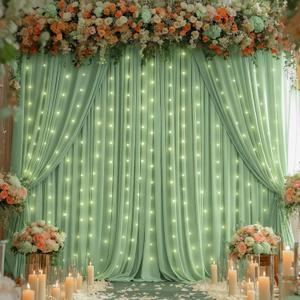 Sage Green Backdrop Curtains with Lights,10x10FT Wrinkle Free Polyester Wedding Photo Backdrop Curtains for Baby Shower Birthday Ceremony Reception Home Party Decorations-5ft x 10ft,2 Panels