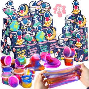 28 Pack Valentines Day Gifts for Kids Classroom Galaxy Slime with Valentines Day Cards Space Gift Boxes, Valentine for Kids Classroom Class Exchange Gifts Prizes School Favors Favors for Boys Girls