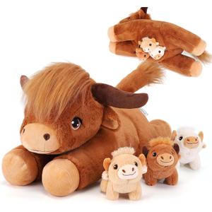gnomantic 4 Pieces Highland Cow Stuffed Animals - 1 Mommy Stuffed Highland Cow with 3 Babies - Brown Cow Gifts for Girls Age 3-8, Cows Plush Toys for Christmas, Valentine's, Birthday Gifts (Brown)