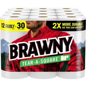 Brawny Tear-A-Square Paper Towels, 12 Family Rolls = 30 Regular Rolls, 2X More Durable*, 3 Sheet Sizes, Strong and absorbent extra-large roll