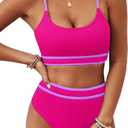 BMJL Women's High Waisted Bikini Ribbed Two Piece Swimsuit High Cut Color Block Adjustable Straps Bathing Suit (Medium, Hot Pink043)